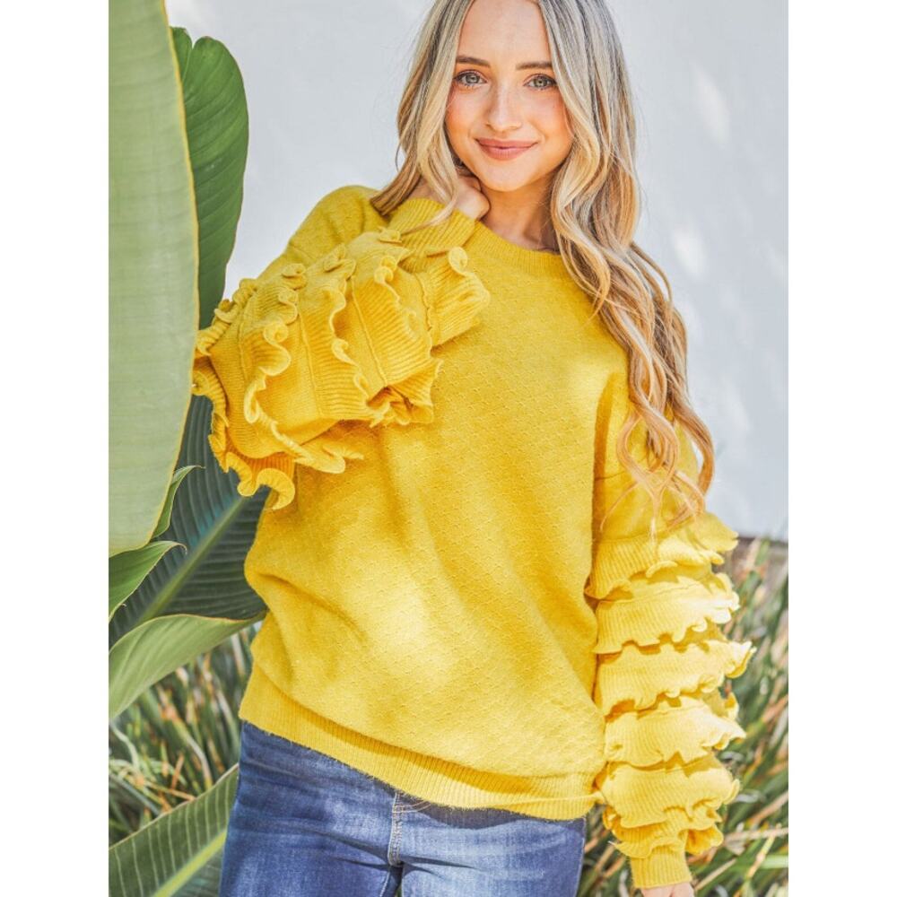Mustard Ruffle Sleeve Sweater Statement Knit Top Size Medium